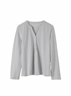 Schlafshirt Langarm, 100 % Bio Baumwolle, 99 Silberblau-weiss Ringel, S, GOTS