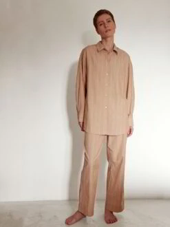 Pyjamahemd, 100 % Bio Baumwolle, 89 Camel/blau Gestreift, S, GOTS -Grüne Erde 857955 857949 pyjamahemd pyjamahose camel blau frei 01