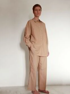 Pyjamahose, 100 % Bio Baumwolle, 89 Camel/blau Gestreift, S, GOTS -Grüne Erde 857955 857949 pyjamahemd pyjamahose camel blau frei 02 1