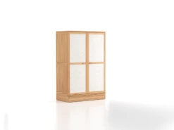 Kleiderschrank Kuramimit Drehtüren 2-türig, Ladenkonsole, Wollstoff Tano Natur Hell (80), Buche